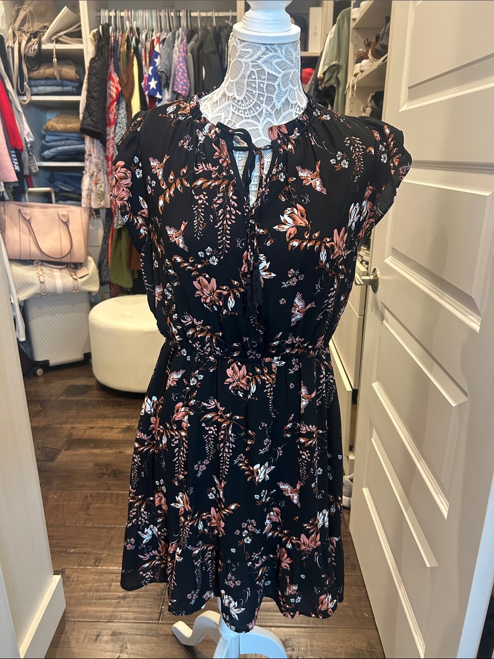 Black Floral Tie-Front Mini Dress with Rose Accents